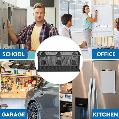 TAPBULL Mesh Magnetic Storage Baskets - Set of 3 (Black) with Anti-Slip Feature and Strong Magnets - Magnetic Locker Organizer and Pencil Holder for Whiteboard and Refrigerator (Black-3 pcs)