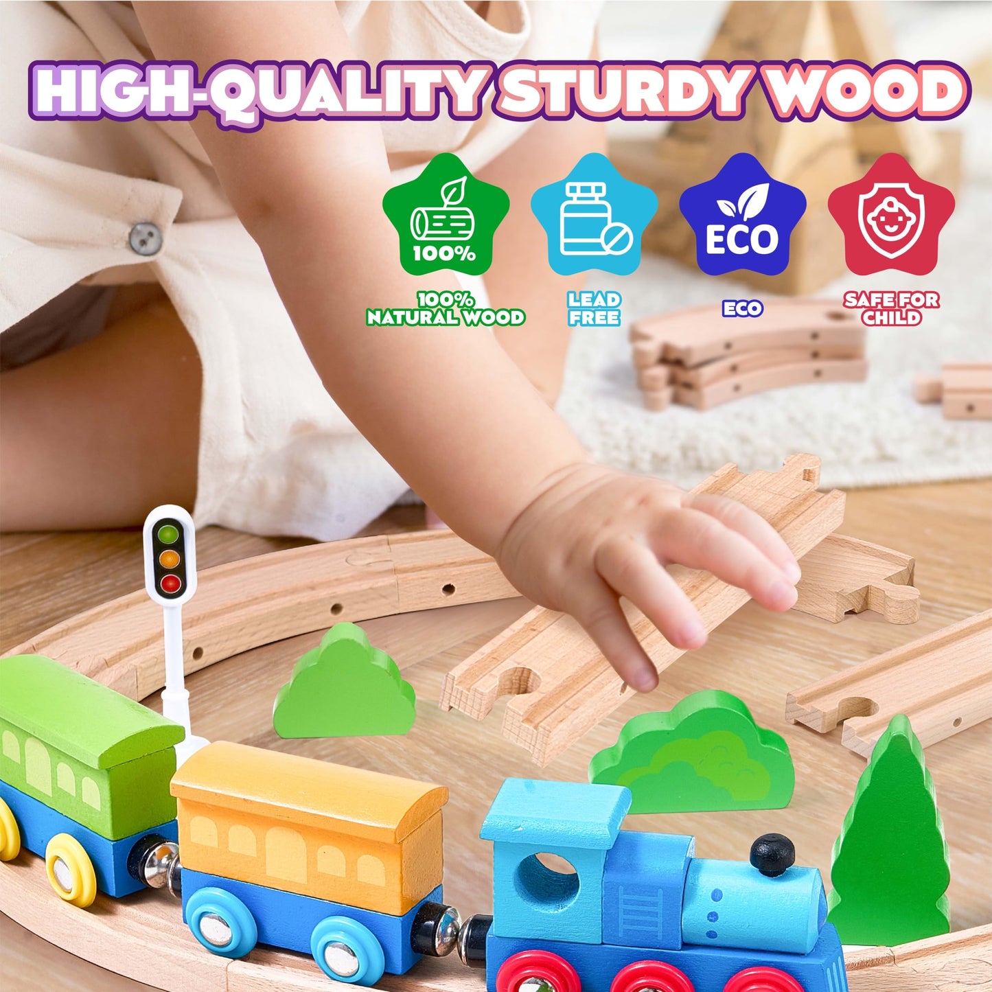 102Pcs Wooden Train Set for Toddlers, Wooden Train Track - Expandable and Changeable, Safe Educational Train Toys Gift for Boys & Girls Kids Ages 3-5 4-8, Compatible with All Major Brands