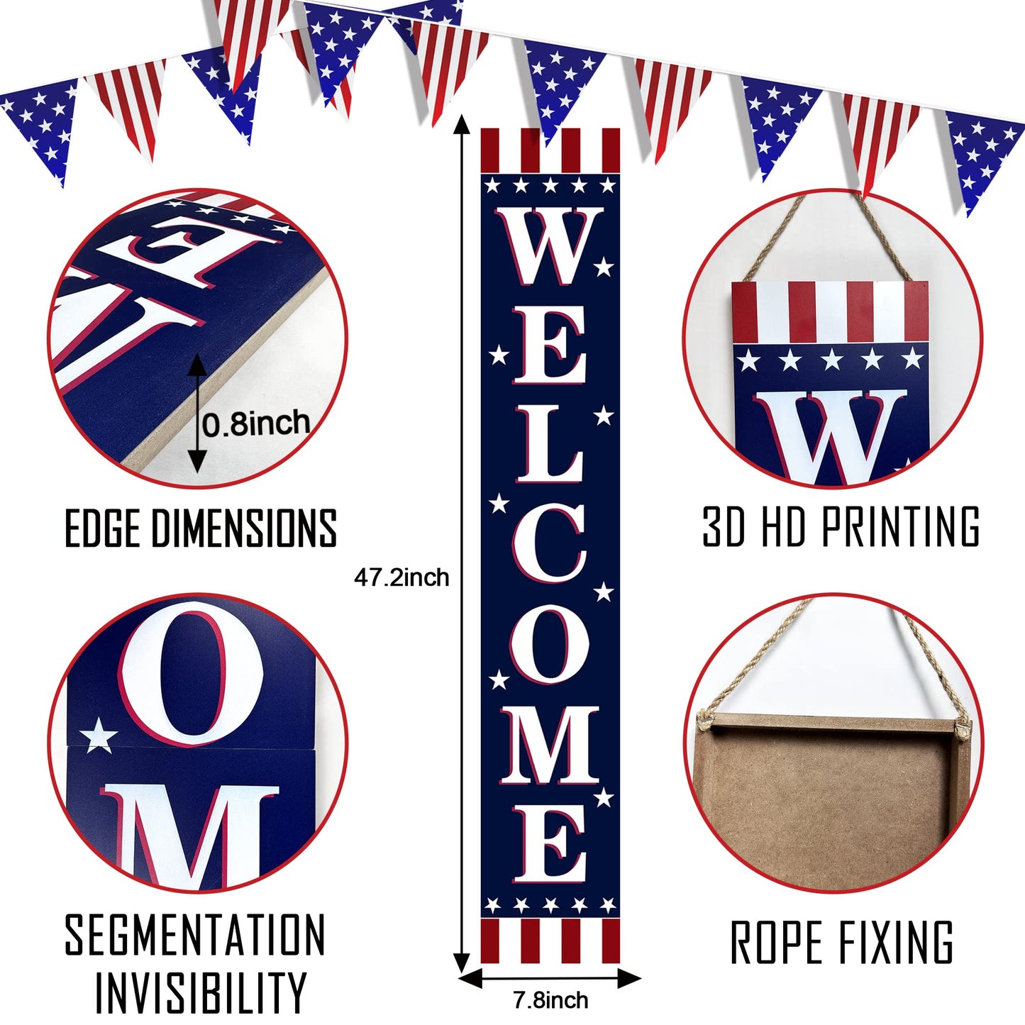 Patriotic 4th of July Wooden Porch Sign 47" Independence Day American Stars Stripes Large Wooden Welcome Sign for Memorial Day Sign Home Front Door Yard Party Decor
