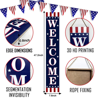 Patriotic 4th of July Wooden Porch Sign 47" Independence Day American Stars Stripes Large Wooden Welcome Sign for Memorial Day Sign Home Front Door Yard Party Decor