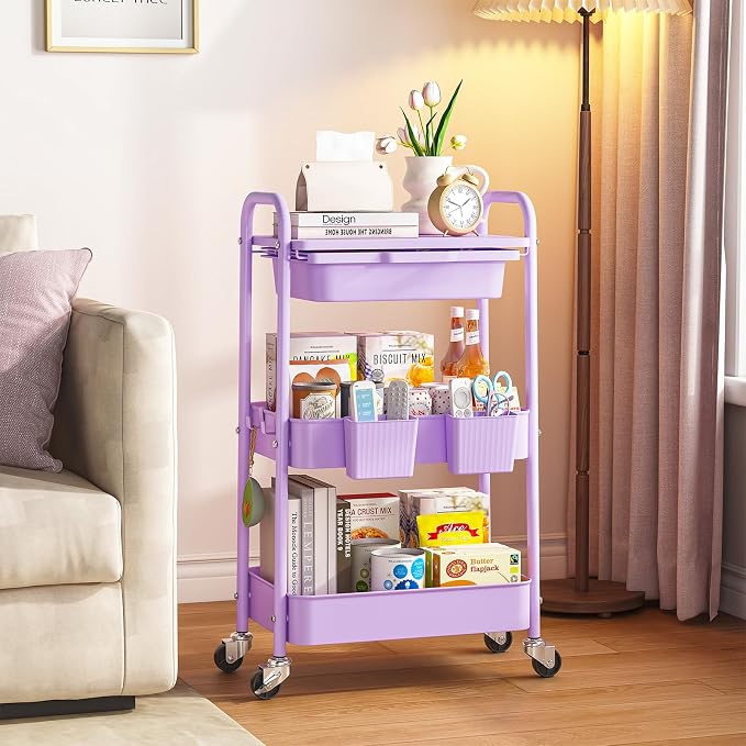 3 Tier Metal Rolling Utility Cart with Drawer & Lockable Wheels - Heavy Duty Multifunctional Storage Organizer with 2 Cups and 4 Hooks for Bathroom, Kitchen, Snack, Craft, Makeup, Baby Essentials