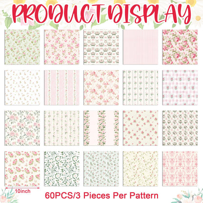 Tudomro 60 Pcs Pink Floral Fabric Squares Bundles 10 x 10 Inch Cotton Rose Quilting Fabric Pink Spring Flower Fat Quarters Printed Cloth Quilt Patchwork Material for Sewing DIY Crafts Supplies