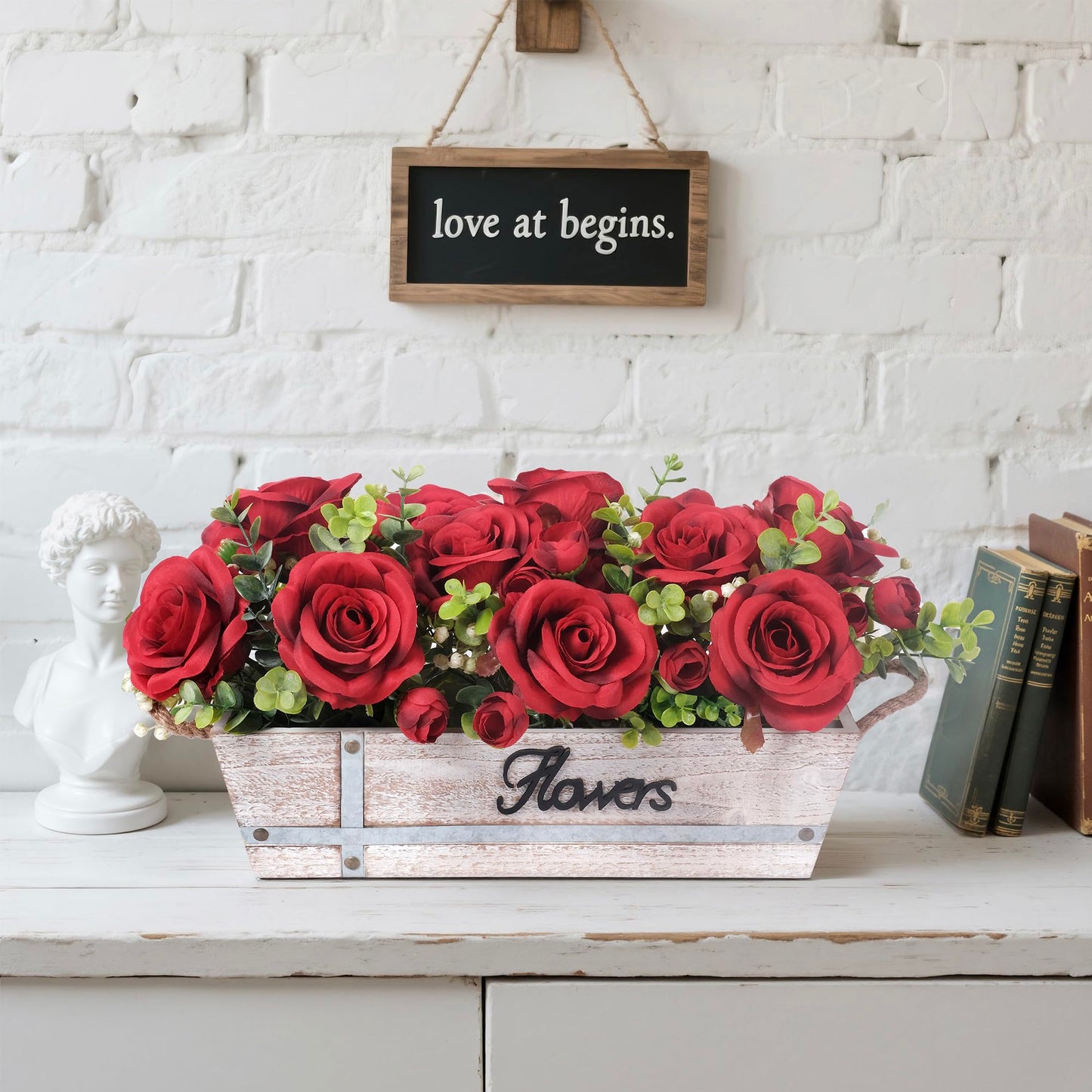 Centerpiece Table Decorations Rustic Wood Tray with 3 Artificial Red Rose Flowers and Fake Eucalyptus for Dining Room Farmhouse Living Room Kitchen and Coffee Table Décor