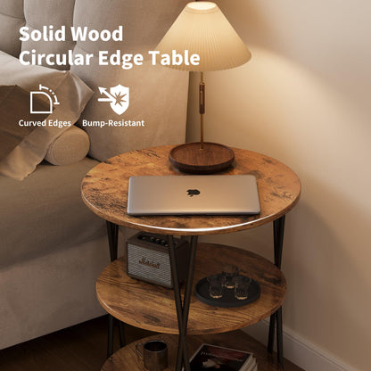 Lumbershed 23 Inch Round Side Table 3-Tier End Table Living Room Small Patio Table Nightstands Round Coffee Table Spacious Top for Couch Bedroom 3 Storage Shelves Accent Coffee Table, Rustic Brown