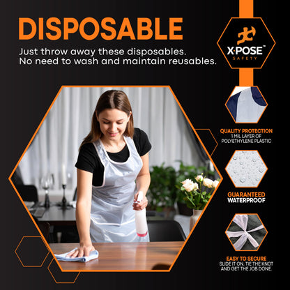 Xpose Safety 100 Pack White Plastic Disposable Bulk Aprons, Individually Wrapped Waterproof Polyethylene Aprons for Cooking, Food Prep & Cleaning, 1 Mil Durable Plastic, 24" x 48"