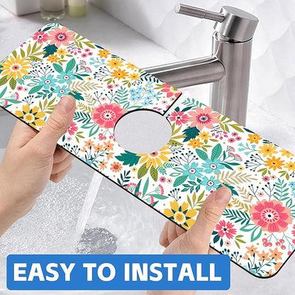 Colorful Floral Leaves Berries Kitchen Sink Splash Guard Mat Absorbent Fast