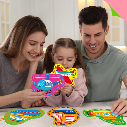 SpriteGru 9 Pieces Kids Lacing Cards, Double Sided Vehicle Sewing Cards with 9 Colorful Laces, Imagination Development Lacing Toys Games for Children Educational and Learning Activity