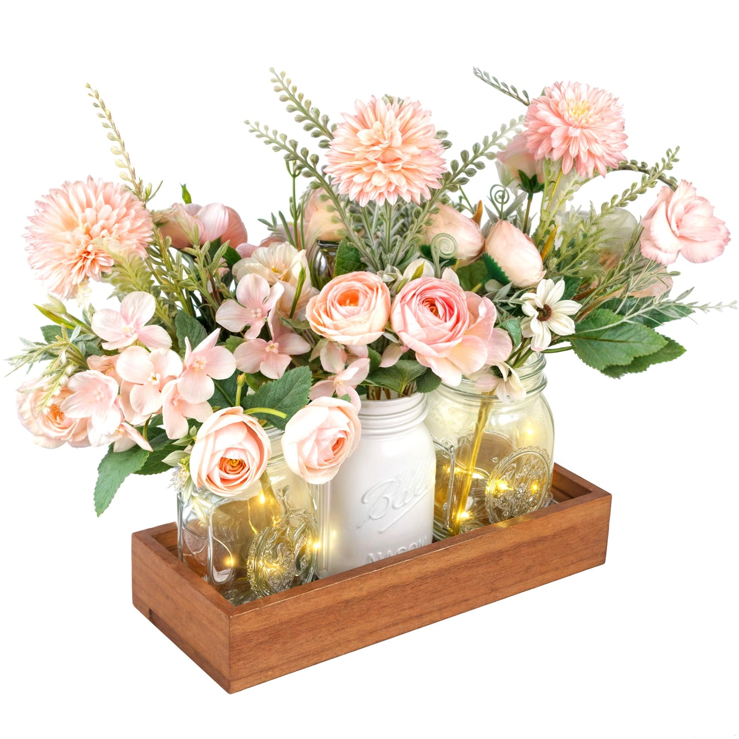 LIOZLIOLY Farmhouse Mason Jar Centerpiece with LED Lights and Artificial Flowers – Rustic Dining Table Decoration with Wooden Tray, Perfect for Kitchen, Living Room, Bathroom, or Coffee Table Decor