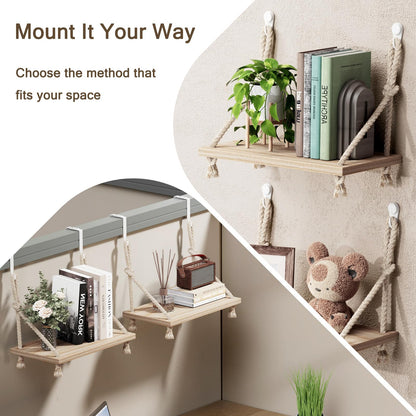 2 Pack Fabric Wall Cubicle Shelf, 11.8" Wooden Hanging Cubicle Shelf Organizer with Hooks, Dual Mounting Options, Cotton Rope Storage Shelf, No-Drill Boho Style for Office Cubicles & Desk Decor
