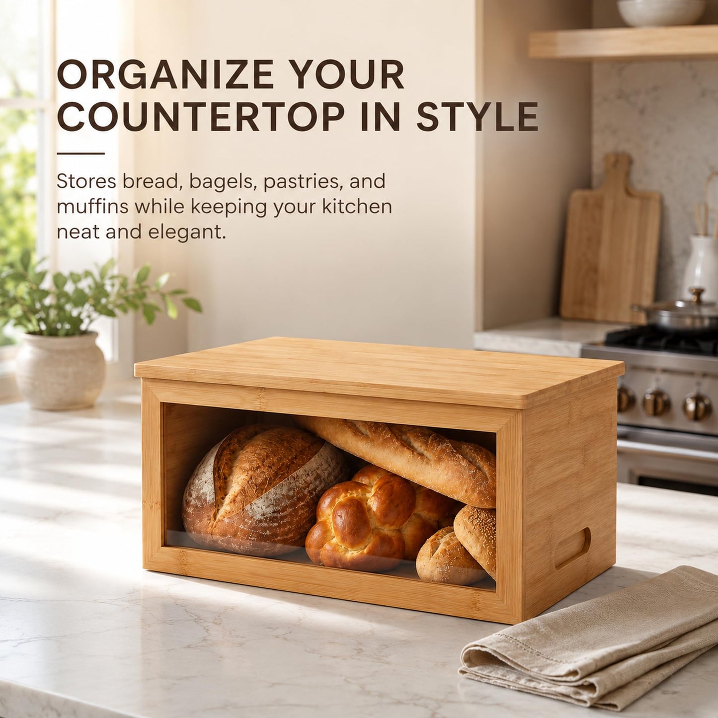 Inspera Bamboo Bread Box with Cutting Board Lid – Large Wooden Kitchen Countertop Storage Bin for Loaves and Pastries – Clear Acrylic Window Display – 15.4 x 9.9 Inch