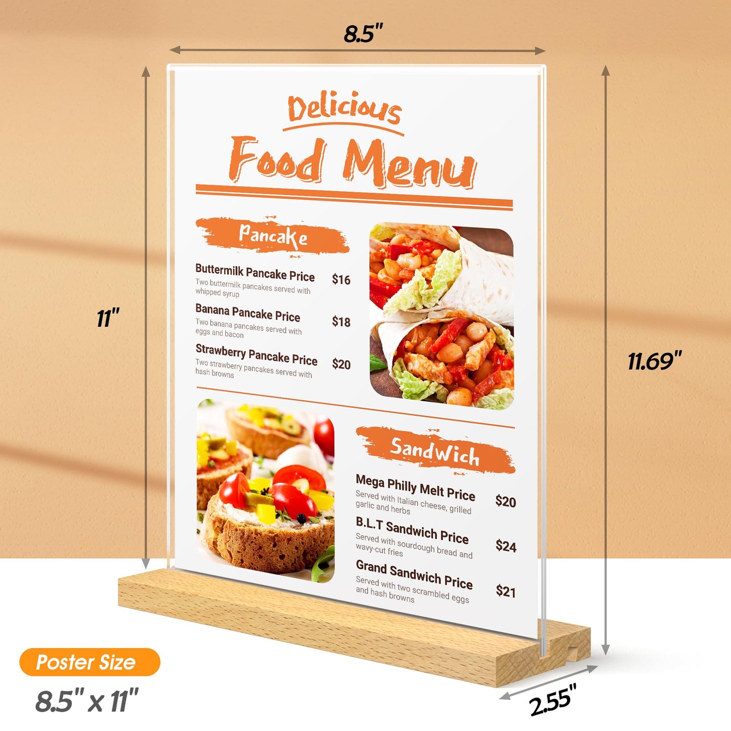 SVOPY 8.5 x 11 Acrylic Sign Holder with Wood Base - Tabletop Display Menu Stand - Clear Plastic L/T Shape Vertical or Slant Back Paper Holders - 3 pack