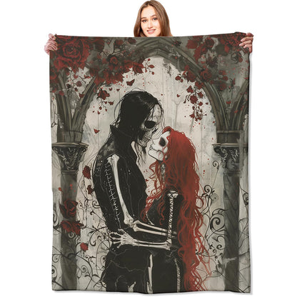 VODRM Gothic Romance Skull Lovers Blanket,Red Rose Skeleton Throw Blankets,Gifts for Women Men, Lightweight Soft Fleece Cozy,for Sofa Couch Bed Room Travel,Festival Halloween Goth Decor,50x60in