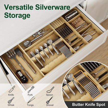Landmok Bamboo Silverware Drawer Organizer, 17.72-29.53 Inch Expandable Large Kitchen Drawer Organizer, 5-8 Slot Flatware with Removable Card Slots & Knife Block for Spoon Butter Knive, Natural