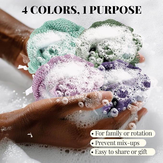 African Net Sponge Authentic-4 Packs African Exfoliating Net Sponge,Bath Sponges for Shower,42 inch Long for Normal to Sensitive Skin, Body Exfoliator Shower(Lightpurple,Purple,Mint Green,Dark Green)