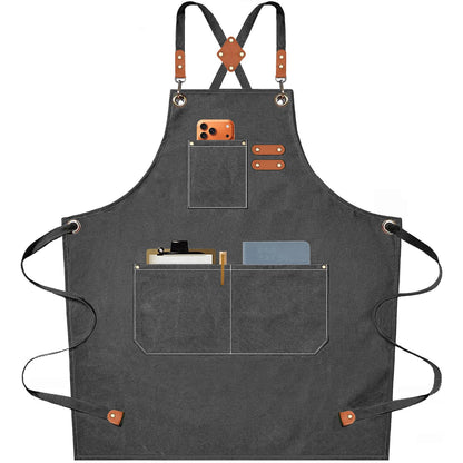 AFUN Chef Aprons for Men Women with Oversized Pockets, 16-Ounce Cotton Canvas Cross Back Heavy Duty Work Apron (Grey)
