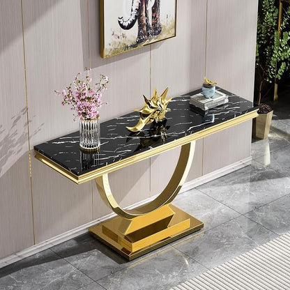 3 Piece Living Room Table Set Include 1 Faux Marble Coffee Table & 1 End Table & 1 Console Table, Modern Black Gold Coffee Table Set of 3 with Double O Shape Stainless Steel Pedestal Base