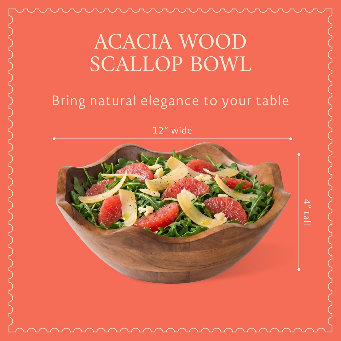 Mela Artisans 12 in Wide x 4 in Tall Scalloped Acacia Wood Salad Bowl – Decorative Serving and Fruit Bowl with Natural Finish for Kitchen Counter, Pasta, Bread & Home Decor