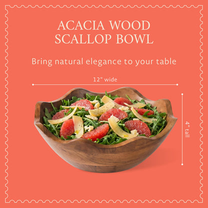 Mela Artisans 12 in Wide x 4 in Tall Scalloped Acacia Wood Salad Bowl – Decorative Serving and Fruit Bowl with Natural Finish for Kitchen Counter, Pasta, Bread & Home Decor