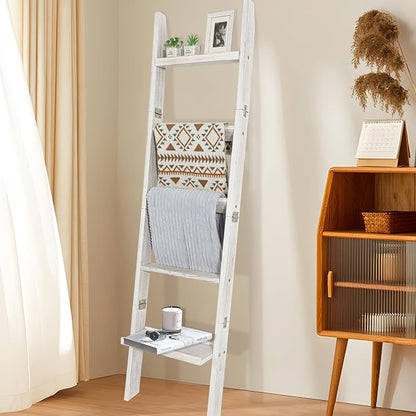 67" Wooden Blanket Ladders for The Living Room,5-Tier Ladder Shelf, Ladder Rack for Storage and Decor (Weathered White)
