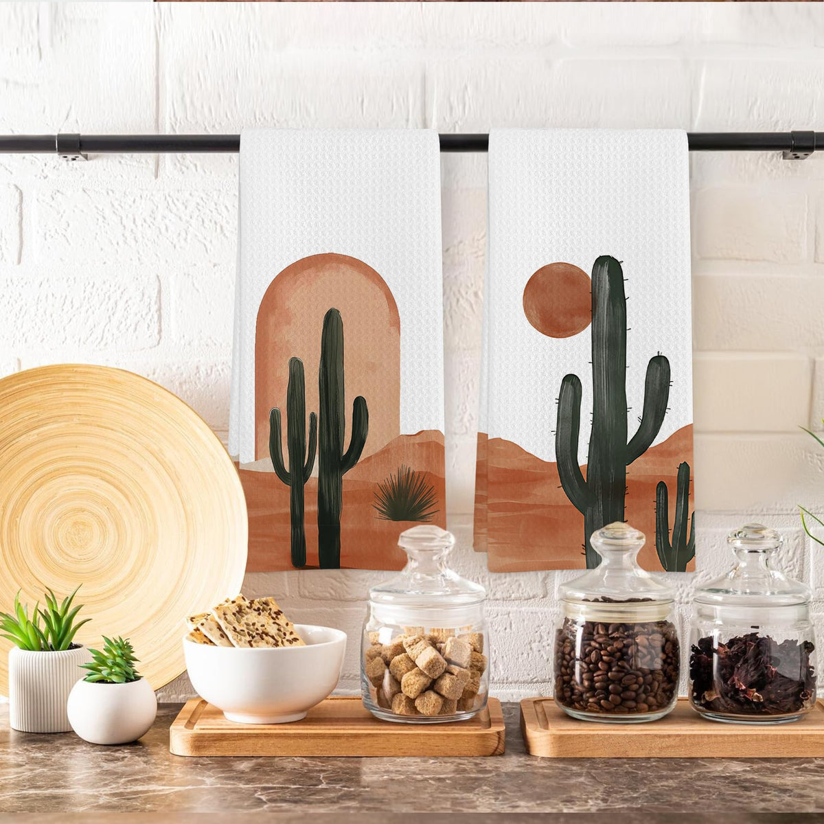 GWFSJYU Boho Southwest Cactus Kitchen Towels Set of 2, Vinatge Western Dish Tea Towels for Kitchen, Southwestern Boho Sun Decorative Hand Towel for Bathroom, Western Bathroom Decor, 16x24 Inch
