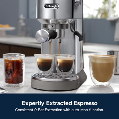 De'Longhi Dedica Duo Compact Espresso Machine - Cold Brew Coffee Maker with Milk Frother Wand- for Espresso, Hot & Iced Coffee, Cappuccinos, Lattes & Home Barista Brewing, Stainless Steel Finish