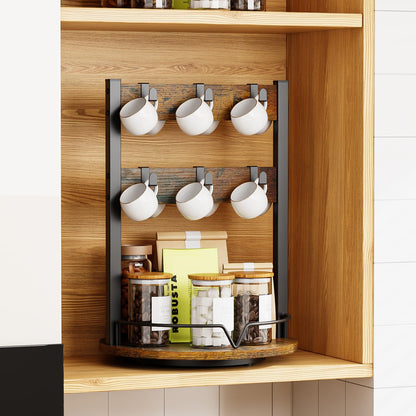 KLM Wood Coffee Mug Holder,12 Hook Mug Tree Holder Rack with Storage Base,Mug Display Organizer,Mug Holders for Home Kitchen,Support 360° rotation for easy access