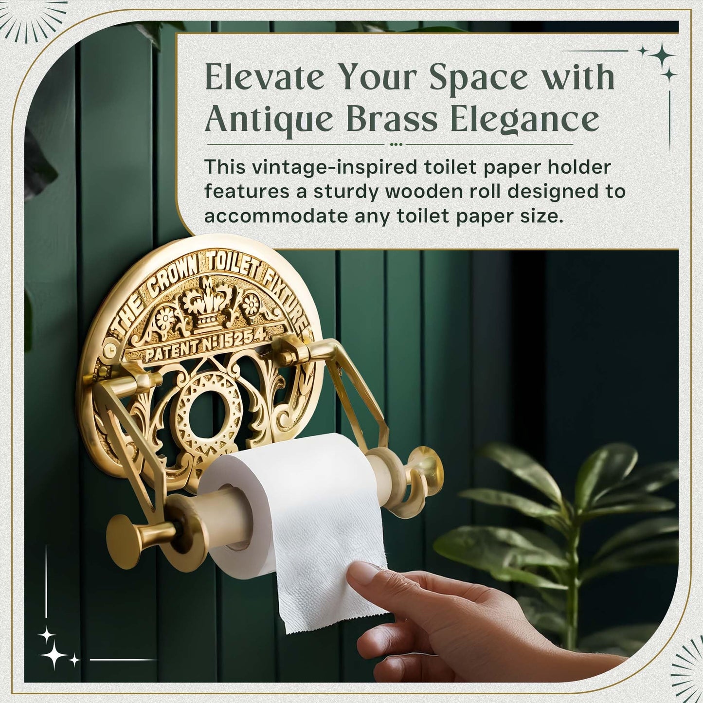 Bright Brass Wall Mount Toilet Paper Holder 7.25" Wide Vintage Crown Style Solid Brass Easy Install Toilet Tissue Paper Holders with Wooden Roll for Bathroom | Renovators Supply Manufacturing
