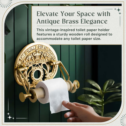 Bright Brass Wall Mount Toilet Paper Holder 7.25" Wide Vintage Crown Style Solid Brass Easy Install Toilet Tissue Paper Holders with Wooden Roll for Bathroom | Renovators Supply Manufacturing