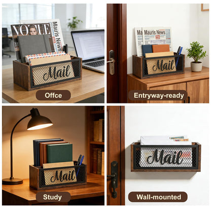 Mail Organizer Countertop, Rustic Farmhouse 2-Slot Wood & Iron Mail Holder, Retro Wall Mounted or Desk Entryway Letter Bill Envelope Sorter, No Assembly