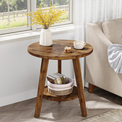 TRIBEWOOD Solid Wood Round End Table, Sofa Side Table with Storage Shelf, Farmhouse Nightstand for Living Room, Bedroom, Easy Assembly (1)
