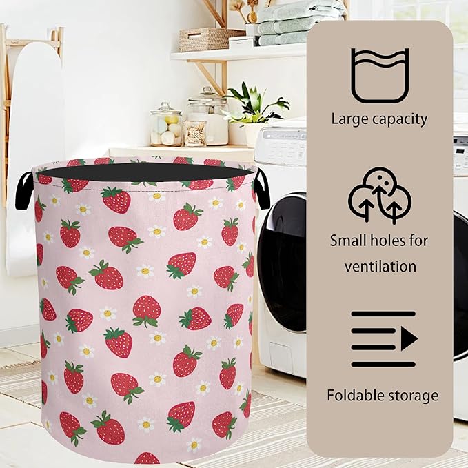Cute Pink Strawberry Laundry Basket, Extra Large Foldable Hamper