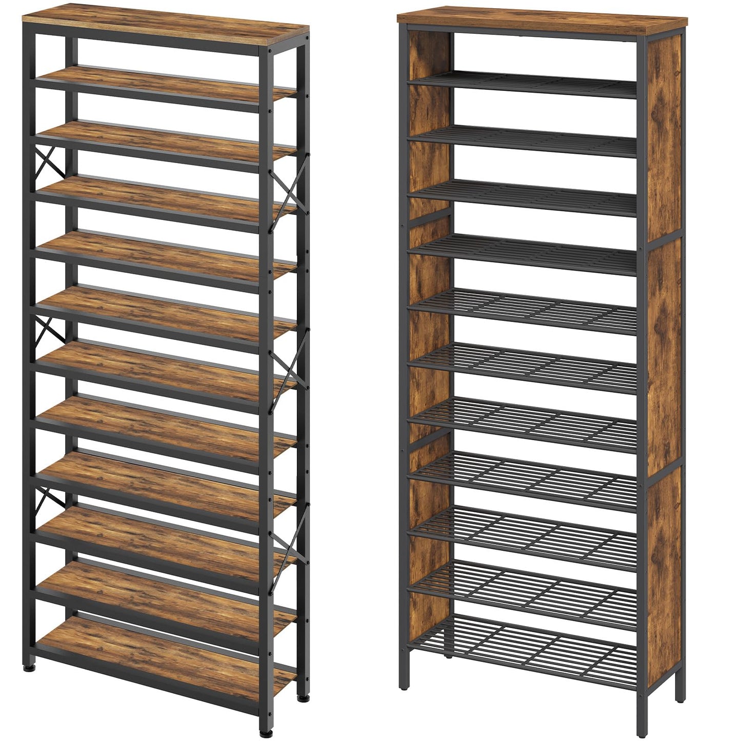 YATINEY 12-Tier Wooden Shoe Storage Organizer and 12-Tier Tall Shoe Rack, Large Shoe Storage Organizer for Closet SS212BR-SS42BR
