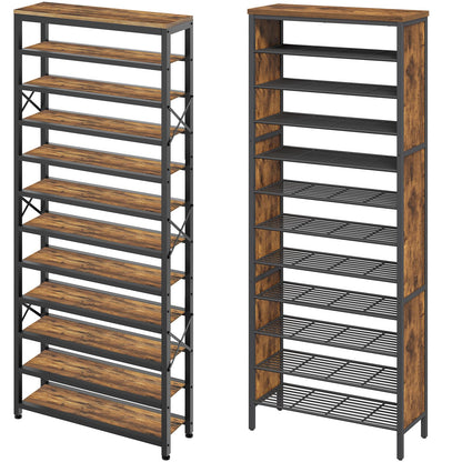 YATINEY 12-Tier Wooden Shoe Storage Organizer and 12-Tier Tall Shoe Rack, Large Shoe Storage Organizer for Closet SS212BR-SS42BR