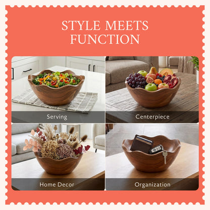 Mela Artisans 10 in Wide x 4 in Tall Scalloped Mango Wood Bowl – Hand-Carved Decorative Serving and Fruit Bowl with Visible Wood Grain for Kitchen Counter, Snacks, Bread and Home Decor