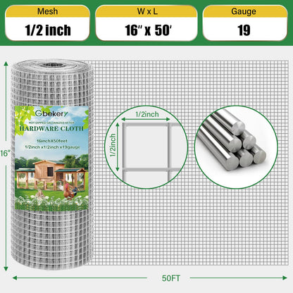 Gbekery Hardware Cloth 1/2 inch 16in x 50ft 19 Gauge, Hot-dip Galvanized After Welding Chicken Wire Mesh Roll Garden Plant Welded Metal Wire Fencing Roll, Rabbit Cages Snake Fence