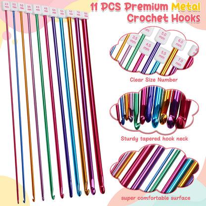 Aeelike Tunisian Crochet Hooks Set with Cable, 11PCS Tunisian Crochet Hook 2-8 mm Aluminum 12 PCS Colorful Afghan Crochet Hooks 3.5-12 mm, Smooth Long Tunisian Crochet Hook with Cable for Beginner