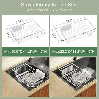 MAJALiS White Dish Drying Rack Over Sink with Utensil Holder, Drainboard | Expandable Stainless Steel Dish Drainer for Small Kitchen, Apartment, RV, Counter Space Saving, Perfect Fit, Rustproof