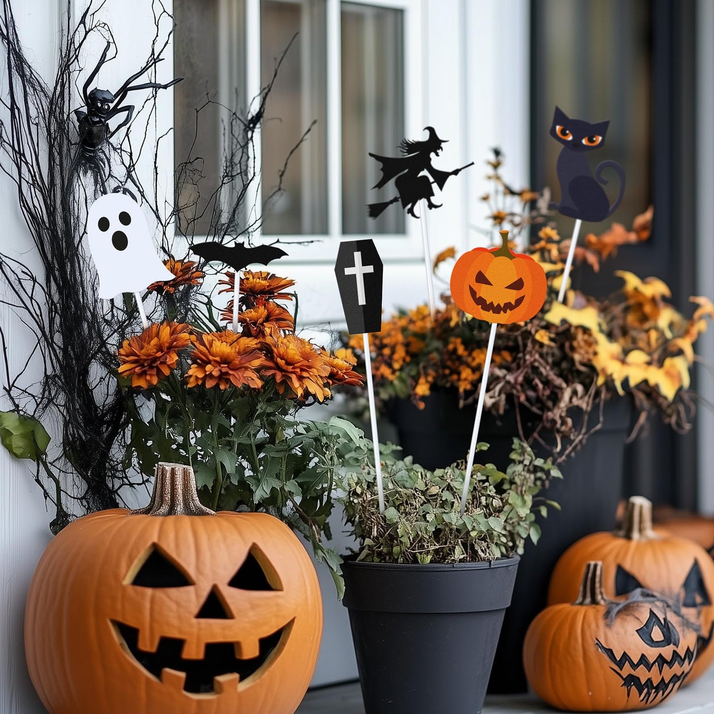 6 Pcs Metal Halloween Planter Stakes 13 Inch Halloween Props Potted Plant Decor Witch Pumpkin Black Cat Tombstone Boo Ghost Bat Garden Metal Stake Table Centerpieces Outdoor Yard Lawn Decorations