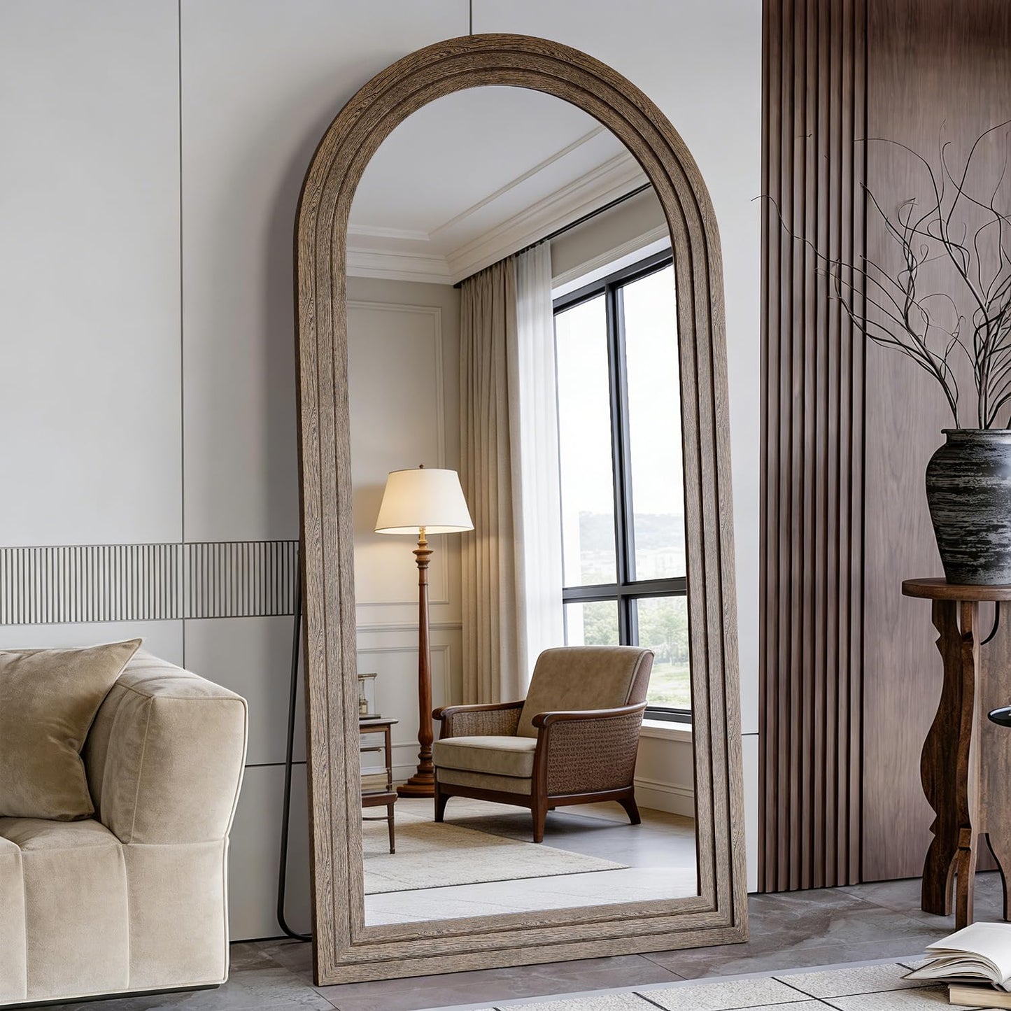 CASSILANDO 71x32 Inch Arched Full Length Mirror with Solid Wood Frame Wall Mounted Floor Mirror, Vertical Hanging Leaning Standing Mirror for Living Room, Bedroom, Entryway, Brown