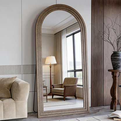 CASSILANDO 71x32 Inch Arched Full Length Mirror with Solid Wood Frame Wall Mounted Floor Mirror, Vertical Hanging Leaning Standing Mirror for Living Room, Bedroom, Entryway, Brown