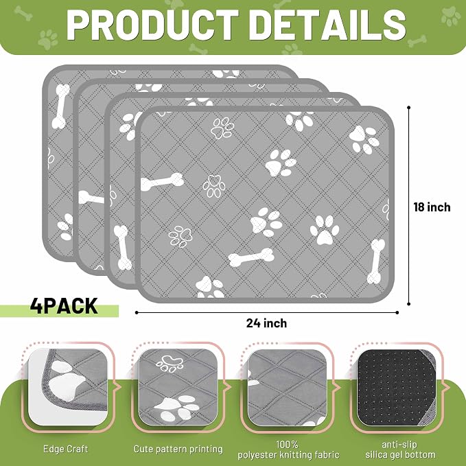 PatiencET Washable Pee Pads for Dogs, 18" x 24" 4 Pack, Reusable Puppy Training Pads with Super Absorbent Core & Non-Slip Waterproof Bottom, Value Set for Small Dogs