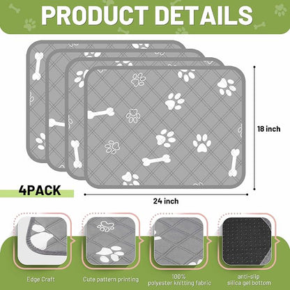 PatiencET Washable Pee Pads for Dogs, 18" x 24" 4 Pack, Reusable Puppy Training Pads with Super Absorbent Core & Non-Slip Waterproof Bottom, Value Set for Small Dogs