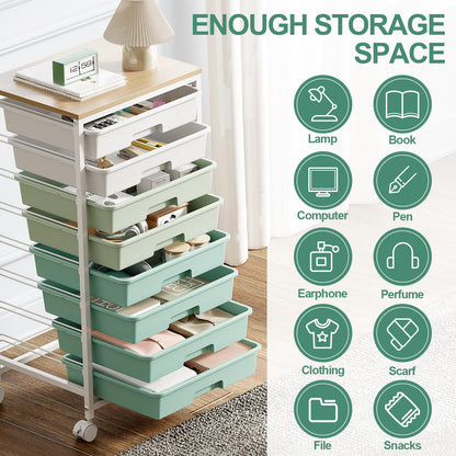 Storage Cart with 8 Drawers, Utility Cart with White Drawers and Wooden Tabletop, Craft Cart, Teacher Organization for Classroom, Storage Furniture, Office Organization, Green