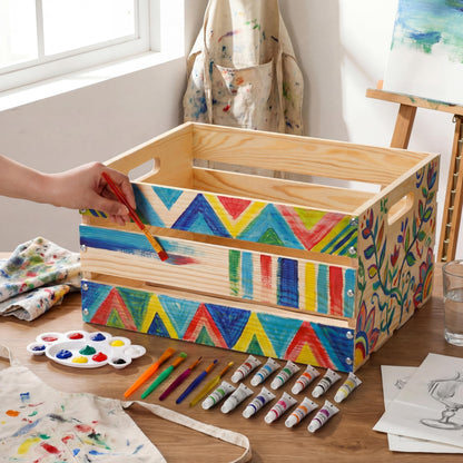 Youyole DIY Summer Bikini Box Large DIY Wood Crate for Crafts Unfinished Wood Crate Box with Paint Set for Storage Display Rustic Farmhouse Beach Party Decor, 16" x 13" x 8.7"