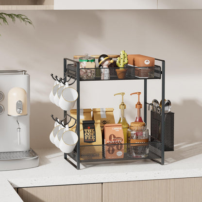 VITVITI Coffee Bar Organizer with Mug Holder, Metal Coffee Station Organizer for Countertop, 2 Tier Cup Mug Holders Rack with Basket for Kitchen Office, Black