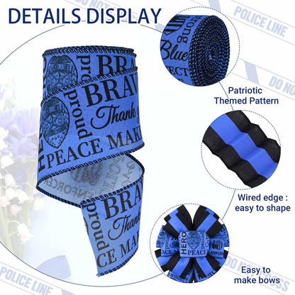 2 Rolls 20 Yards Police Support Wired Edge Ribbon, 2.5"Blue Black Stripe Police Badge Burlap Ribbon Memorial Day Patriotic Ribbons for Wreath Bow Making Police Support Decorations Supplies DIY Crafts