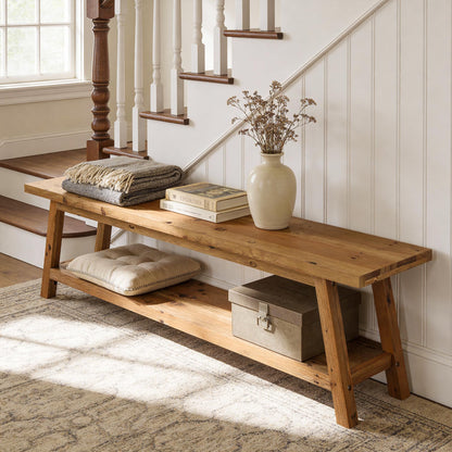 TRIBEWOOD Solid Wood Entryway Bench with Shoe Storage Shelf, 62.99" Long Rustic Hallway Shoe Bench, Natural Wood Mudroom Window Seating, 400 lbs Capacity