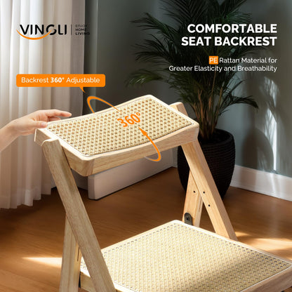 VINGLI 2 Pack Rattan Wooden Folding Chair, Dining Folding Chair with 360° Swivel Backrest, Sturdy Rubberwood Frame and Rattan Woven Seat and Back, Natural Color, Set of 2