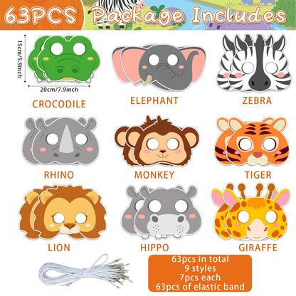 63Pcs Color Your Own Animal Masks Crafts for Kids DIY Paper Blank Jungle Animal Party Favors Lion Tiger Monkey Masks Making Kits with Ropes for School Class Activities Birthday Party Supplies