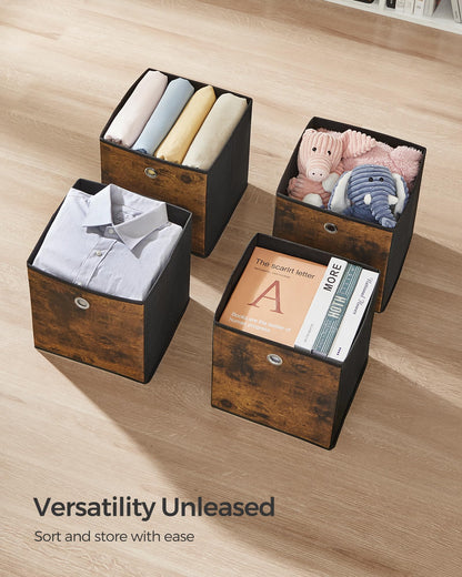SONGMICS Storage Cubes, Set of 6 Storage Bins with Handles, Foldable Oxford Fabric and Non-Woven Fabric Storage Boxes, 10.2x10.2x11 Inches, Fit Cube Storage Unit, Rustic Brown URFB126B01